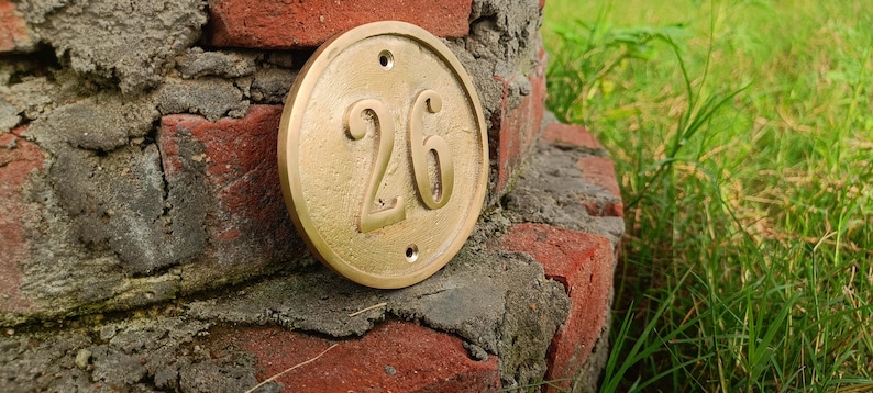 May include: A circular brass house number plaque featuring the embossed digits 26 in the center. The plaque has a smooth, metallic finish with two small pre-drilled screw holes positioned at the top and bottom for mounting purposes.