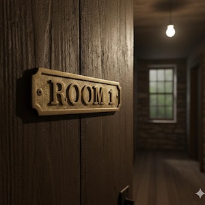 May include: A wooden door with a brass "ROOM 1" sign. The sign is rectangular with rounded edges and is mounted on a dark brown, textured door. The background shows a dimly lit hallway with a window and a hanging light.