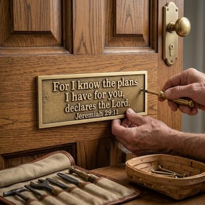 May include: A rectangular brass plaque with raised lettering reading "For I know the plans I have for you, declares the Lord. Jeremiah 29:11" mounted on a wooden door, being installed with a screwdriver and screws from a small basket.