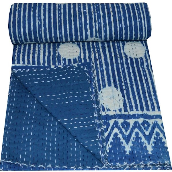 Vintage Kantha Quilt Blau Indigo Indigo Kantha Quilt Hippie Boho Decke Überwurf Tagesdecke Dekorative Queen King Size Quilt