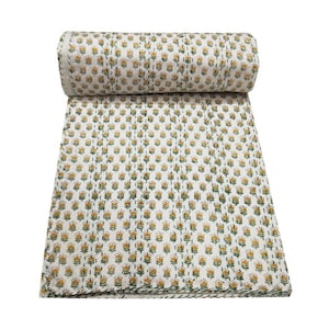 Kantha quilt Floral Handblock Print Handmade Stitched block Kantha Quilt Hippie Bohemian Blanket Throw Bedspread Decorative King Quilt
