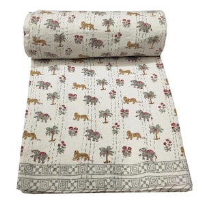 Nova colcha de algodão com estampa animal feita à mão, colcha Kantha, colcha indiana, cobertor, manta étnica, capa Gudari Queen Size Art