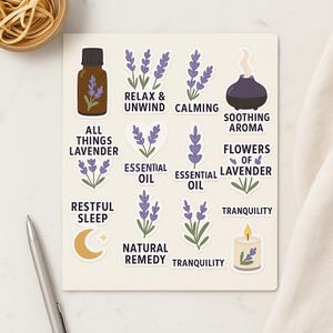 Puede incluir: Una colección de pegatinas con temática de lavanda sobre un fondo crema. Las pegatinas presentan ilustraciones de ramitas de lavanda, botellas de aceite esencial y una vela. El texto incluye "Relax & Unwind", "Calming" y "Soothing Aroma".