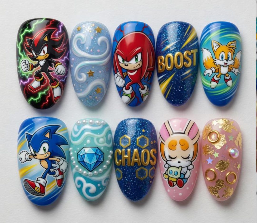 Gamer Hedgehog Press on Nails | Sonic Shadow Tails Character Fake Nails ...