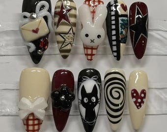 Whimsical Autumn Press On Nails, 3D Cat Bunny Nail Art, Quirky Plaid & Star Handmade Fake Nails
