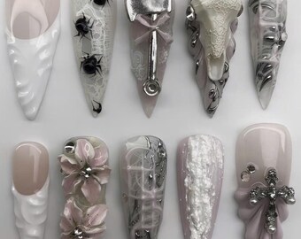 Uñas postizas Morbidcute, set de uñas estéticas oscuras hecho a mano, uñas alternativas suaves y vanguardistas, estilo Méh Nail Art