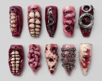 Gothic Gore Tooth Press On Nails, 3D Teeth & Flesh Horror Nail Art, Creepy Distorted Halloween Set, Bloody Anatomical Design