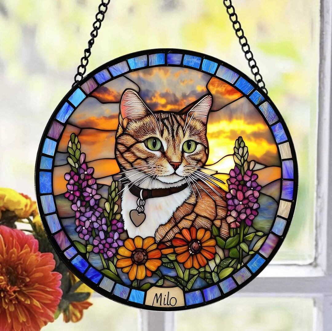 Custom Cat Portrait Stained Glass Suncatcher, Pet Memorial Stained ...
