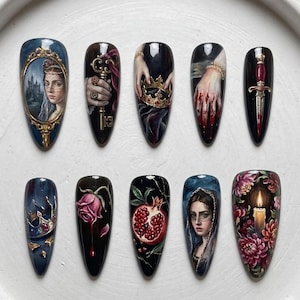 Veiled Woman Portrait & Dark Academia Press On Nails | Baroque Goth Crown Dagger Key Hand Painted Nails Set