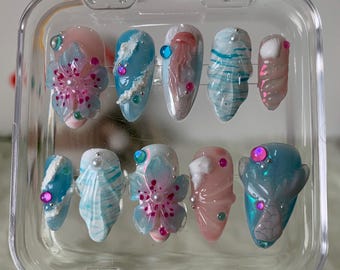 Cute Mermaid Press on Nails, Ocean Theme Fake Nails, 3D Shell & Starfish Nail Art, Summer Beach Nail Art