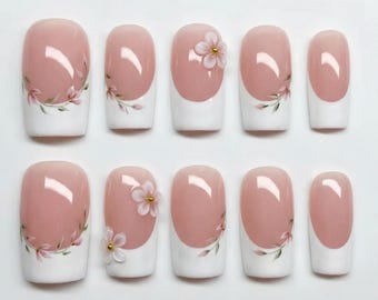 Soft Pink French Tip Press On Nails Delicate Floral Square Glossy Elegant Bridal Minimal Handmade Nail Art Set