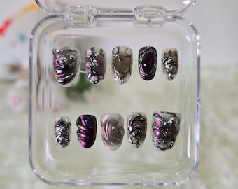 Gothic Cross Abstract Chrome Press On Nails, Purple Mirror Nail Art, Y2K Edgy Reusable Fake Nails Custom 3D Metallic