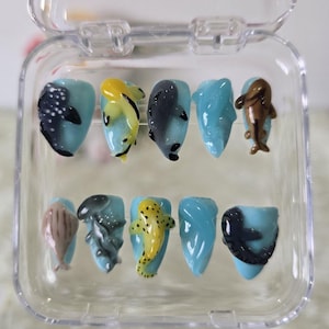 Ocean Animal 3D Press On Nails, Nautical Summer Nails, Aquatic Nail Art Set, Realistic Aquarium Press On Nails, Custom Deep Sea Nails