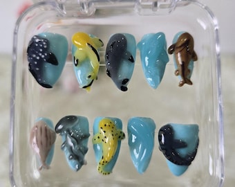 Ocean Animal 3D Press On Nails, Nautical Summer Nails, Aquatic Nail Art Set, Realistic Aquarium Press On Nails, Custom Deep Sea Nails