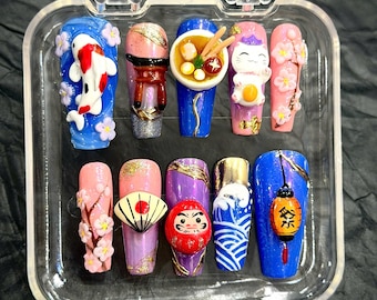3D japanische Kultur Press On Nails, Koi Fisch und Ramen Nail Art, Lucky Cat Maneki Neko Luxusnägel