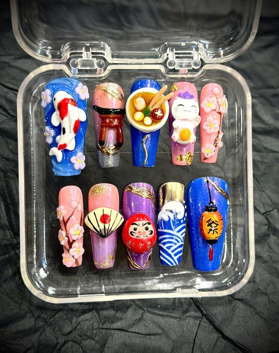 3D Japanese Culture Press On Nails, Koi Fish and Ramen Nail Art, Lucky Cat Maneki Neko Luxury Nails