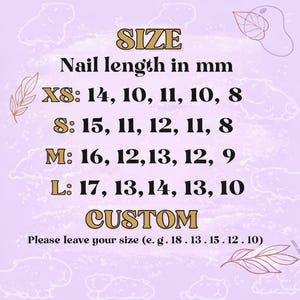 May include: A lilac-colored graphic with text detailing nail length sizes in millimeters. Sizes range from XS to L, with corresponding measurements. The image also includes a section for custom sizes, with instructions on how to provide them.