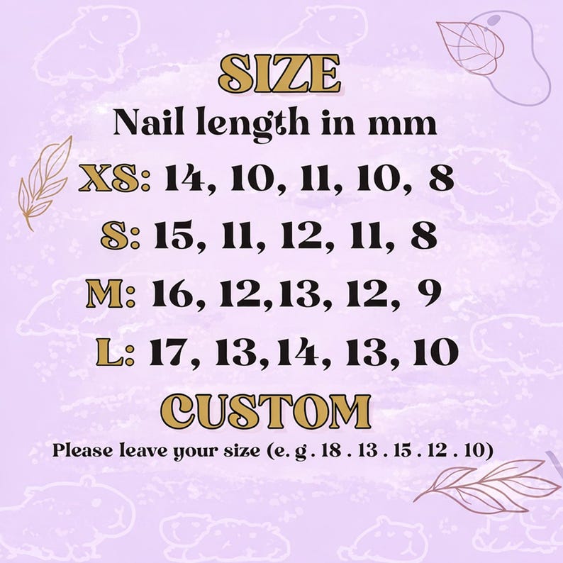 May include: A lilac-colored graphic with text detailing nail length sizes in millimeters. Sizes range from XS to L, with corresponding measurements. The image also includes a section for custom sizes, with instructions on how to provide them.