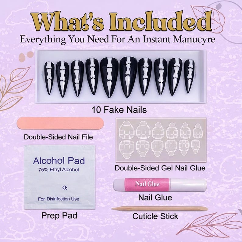 May include: A nail kit with black and white skeleton design fake nails. The kit includes a double-sided nail file, alcohol prep pad, double-sided gel nail glue, nail glue, and a cuticle stick. The text "What's Included" is at the top.