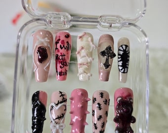 Creepy Cute Pink Press On Nails, Gothic 3D Horror Nail Art, Sweet but Scary Nails, Pink Horror Kawaii Nails