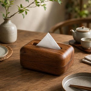 Puede incluir: Una caja de pañuelos rectangular hecha de madera marrón oscura con un diseño de bordes redondeados y suaves. Un pañuelo de papel blanco se extrae a través de la ranura rectangular central en la superficie superior, erguido en forma triangular.