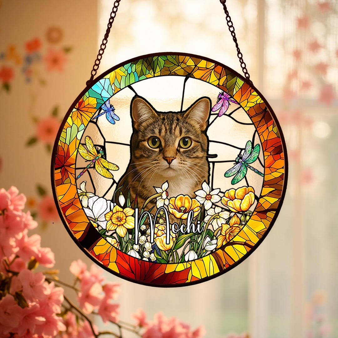 Custom Cat Portrait Stained Glass Suncatcher, Pet Memorial Stained ...