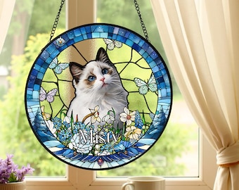 Portrait de chat personnalisé à partir d'une photo, suspension de vitrail personnalisée, attrape-soleil artistique pour portrait de chien personnalisé, cadeau commémoratif pour les amoureux des animaux de compagnie