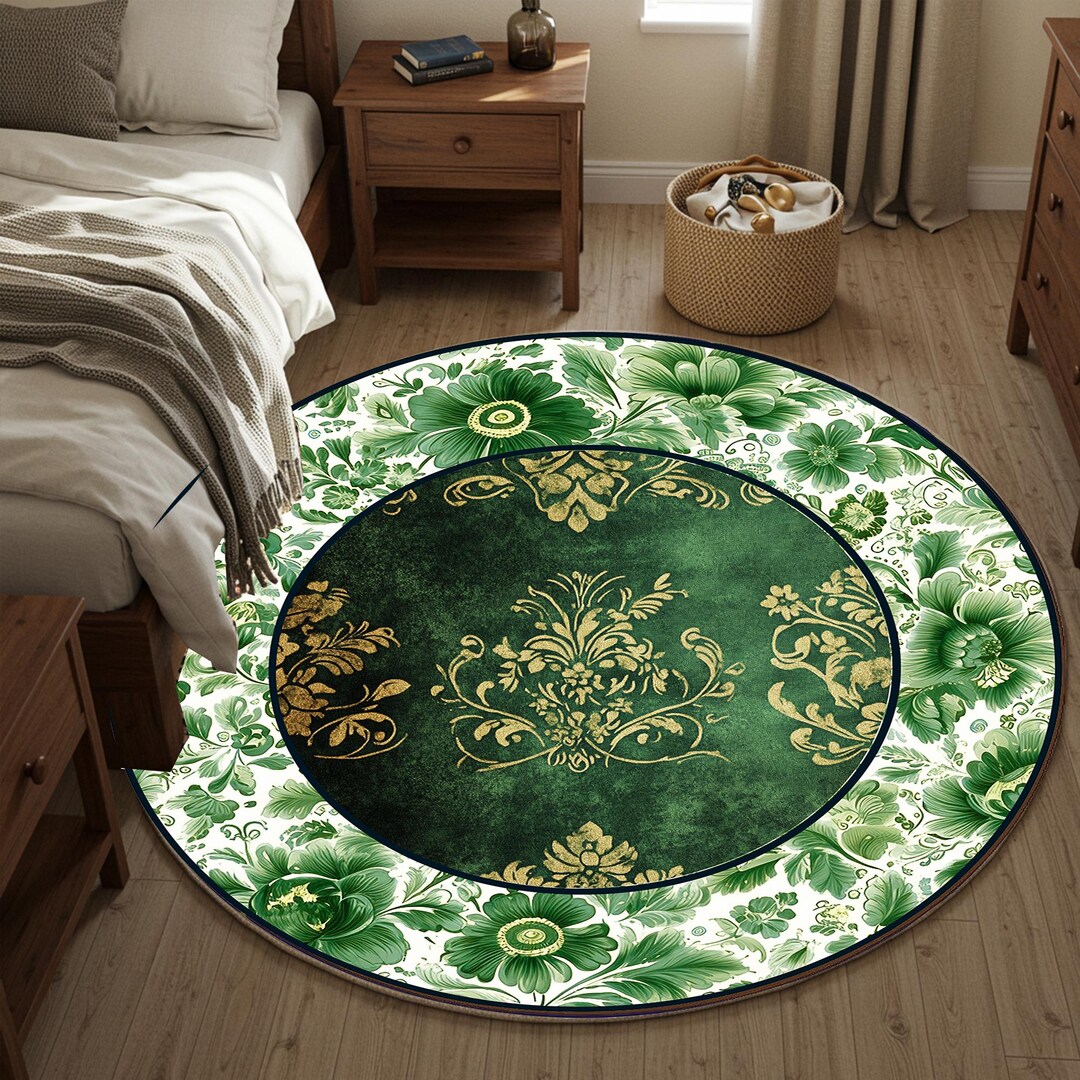 Round Gothic Rug Dark Green Gothic Rug: Round Mid-century Modern Decor, Washable - Etsy