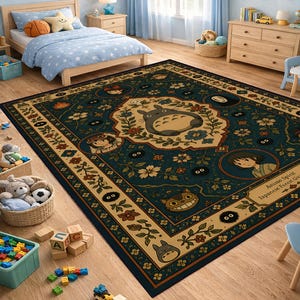 May include: A rectangular area rug featuring a dark blue background with a central cream-colored medallion containing a gray Totoro character surrounded by floral motifs. The rug includes circular portraits of anime characters and the text Anime Spirit Japanese Forest Guardian.