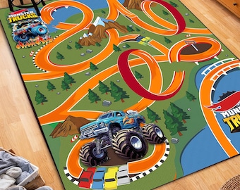 Matta för monstertrucks, lekrumsmatta för barn, dekoration med vägkarta för leksaksbilar