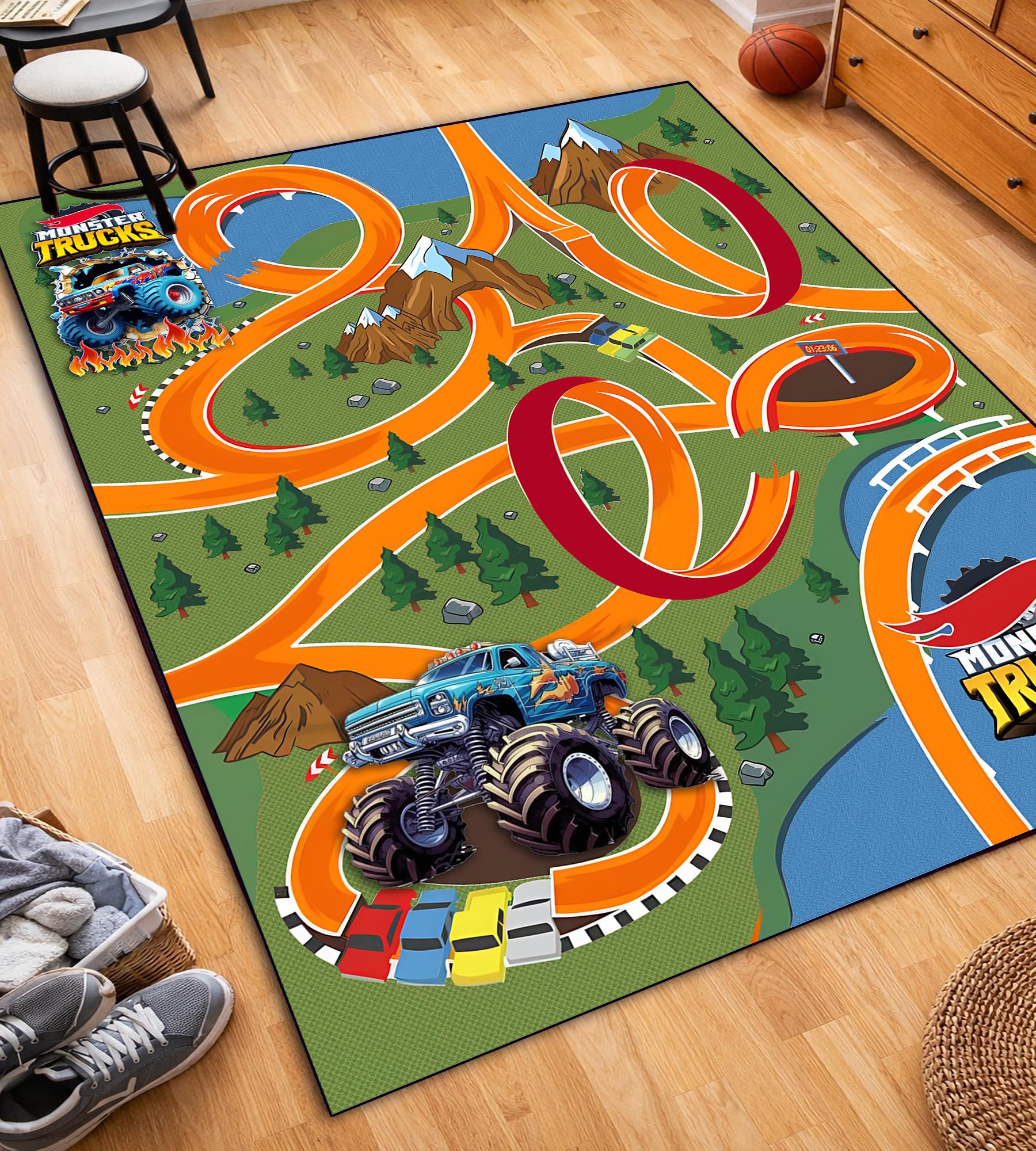 Monster Truck Race Track Area Rug, Kids Playroom Carpet, Toy Car