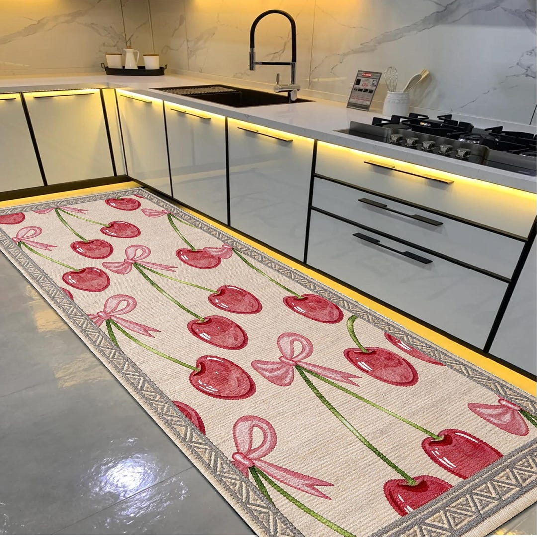 Bow Rug Runner Cherry and Pink Bow Kitchen Runner – Watercolor Style Washable ...