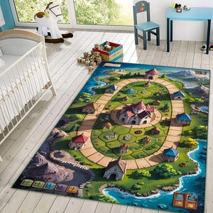 May include: A colorful game rug featuring a fantasy village scene with a winding path, houses, and a central castle. The rug has a blue border with a river and mountain landscape. The rug is on a light wood floor.