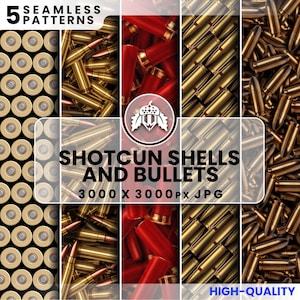 以下が含まれることがあります： 散弾銃の薬莢と弾丸を特徴とする5つのシームレスパターンのコラージュ。パターンには、真鍮の弾丸、赤い散弾銃の薬莢、薬莢のパターンが含まれます。「SHOTGUN SHELLS AND BULLETS」というテキストが表示されます。