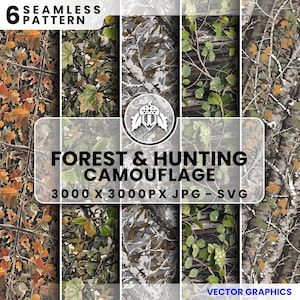 Könnte beinhalten: Eine digitale Grafik mit sechs nahtlosen Tarnmustern. Die Muster umfassen verschiedene Wald- und Jagdtarnmuster mit Blättern und Ästen. Der Text "FOREST & HUNTING CAMOUFLAGE" wird angezeigt.