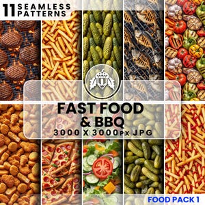 May include: A collage of seamless patterns featuring fast food and BBQ items. Includes grilled burgers, french fries, pickles, grilled fish, grilled vegetables, chicken nuggets, pizza, salad, and ketchup-covered fries. Text reads "11 SEAMLESS PATTERNS" and "FAST FOOD & BBQ".