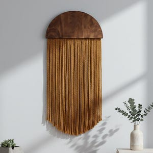 Large Boho Macrame Wall Hanging with Wood Arch, Neutral Fiber Art Tapestry, Handmade Minimalist Wall Decor, Rustic Modern Home Accent