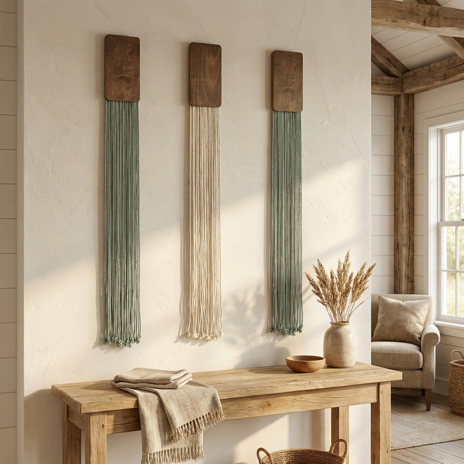 Macrame Wall Hanging – Modern Boho Fiber Art With Wood Top – Minimalist ...