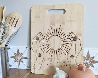 Handmade Laser Engraved Cutting Board with Boho Sun Design