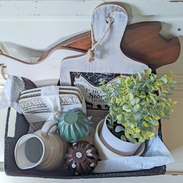 Hand-Picked Farmhouse Theme Thrift Basket | Gift Basket Includes Some Vintage and Some New Farmhouse Style Items