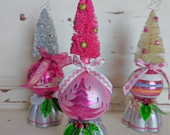 Repurposed Vintage Ornament Tree | Bottle Brush Tree on Vintage Christmas Ornament