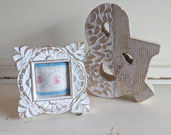 Small Boho Picture Frame With Vintage Fabric | Carved Wood Frame