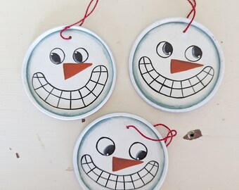 Handmade Snowman Ornaments | Set of Three Recycled Juice Can Lid Ornaments