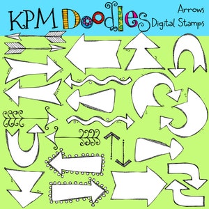 Pode incluir: Uma coleção de designs de setas desenhadas à mão em várias formas e estilos. As setas são brancas com contornos pretos, sobre um fundo verde claro. A imagem inclui o texto "KPM Doodles" e "Arrows Digital Stamps" em letras coloridas.