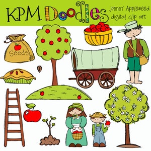 May include: A collection of digital clip art illustrations featuring an apple theme. Includes a sack of seeds, apple tree, wagon, basket of apples, pie, ladder, and figures of Johnny Appleseed and a woman and boy with baskets of apples. The text "KPM Doodles" is at the top.
