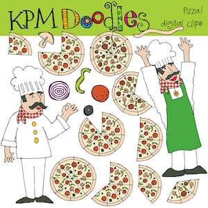 Op de afbeelding: Een set digitale clip art afbeeldingen met een cartoonkok en verschillende pizzapunten. De kok draagt een witte koksmuts, een rood-wit geblokt bandana en een groene schort. De pizzapunten zijn in verschillende maten en vormen, met toppings zoals pepperoni, champignons en groene pepers.