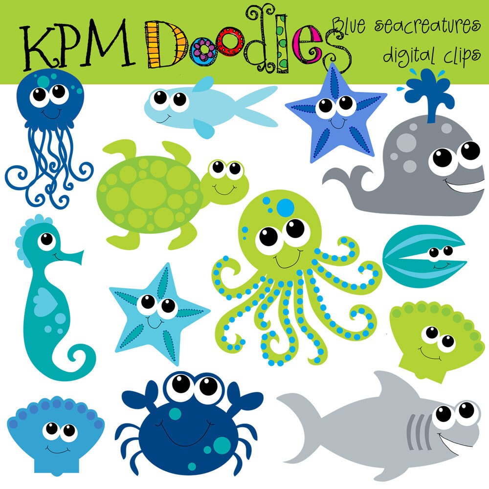 Kpm Blue Sea Creatures Digital Clip Art Etsy