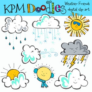 May include: A collection of whimsical weather-themed digital clip art. The illustrations include smiling clouds with rain and snow, a sun wearing sunglasses, a cloud with lightning, and a sun with earmuffs and a scarf. The text "KPM Doodles" is at the top.