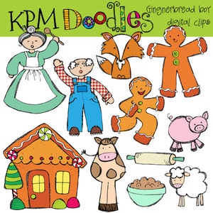 May include: A set of 10 digital clip art images featuring characters and objects from the fairy tale "Hansel and Gretel". The images include a gingerbread house, a gingerbread man, a witch, a fox, a pig, a cow, a rolling pin, a bowl of dough, and a sheep. The images are drawn in a cartoon style with bright colors and simple lines.