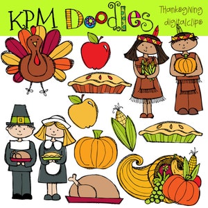 May include: A set of Thanksgiving digital clip art featuring a turkey, apples, pumpkins, pies, corn, a cornucopia, and pilgrim and Native American figures.